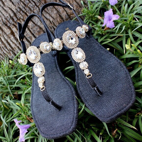 Bamboo Shoes - Jeweled Dark Black Denim Dressy Strap Bling Gold Accent Sandals Size 7/7.5/8/8.5